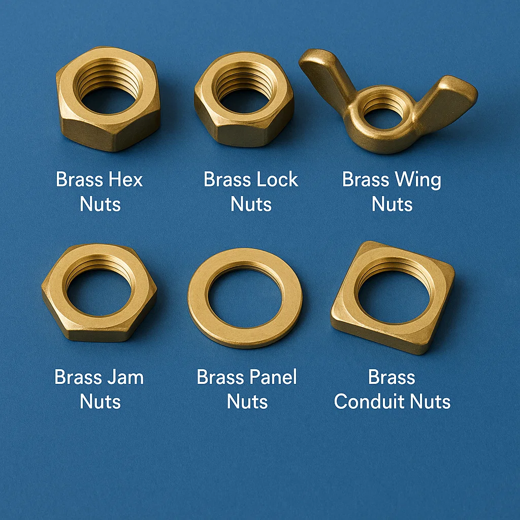 Brass Hex Nuts, Brass Lock Nuts, Brass Wing Nuts, Brass Jam Nuts, Brass Panel Nuts, and Brass  Conduit Nuts,
